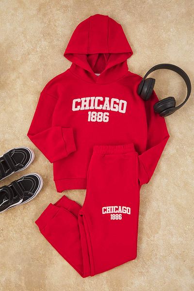 TRENDYOLKIDS Red*001 Hanorac unisex din bumbac cu imprimeu cu slogan, fund tricotat obișnuit - Set de sus TKDAW26AU00003