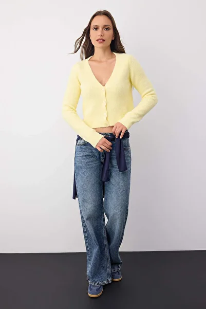 Trendyol Collection Wardrobe Essentials Yellow Crop Button Detail Soft Textured V-Neck Wool Knitwear Cardigan Twoaw26Hi00013