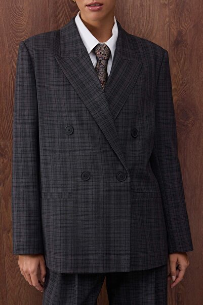 Trendyol Collection Special Collection Anthracite Plaid Oversize Woven Blazer Jacket Blazer Jacket Twoaw26Bc00022