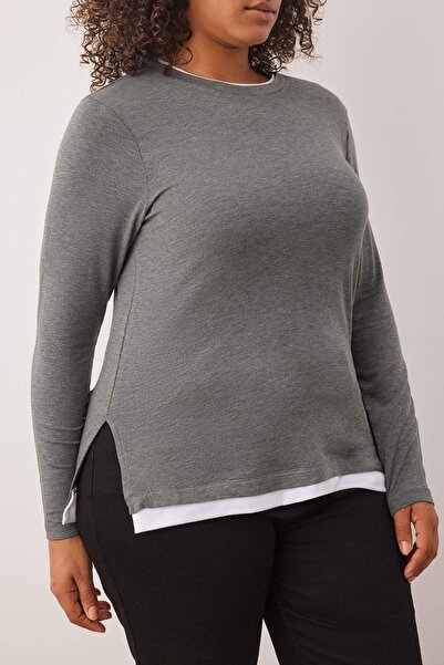 Trendyol Curve Γκρι μελανζέ μπλούζα με λεπτομέρεια στο γιακά και την άκρη της φούστας, ελαστική πλεκτή μπλούζα μεγάλου μεγέθους TBBAW26AF00065