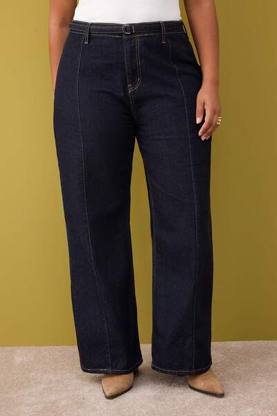 Trendyol Curve Sötétkék magas derék övvel széles szárú farmer nagy méretű farmer TBBAW26CJ00031