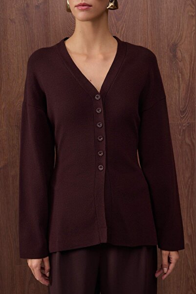 Trendyol Collection Speciální kolekce hnědého úpletu s výstřihem do V a mercerizovaným vzhledem z prémiové příze TWOAW26HI00079