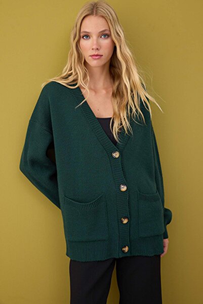 Trendyol Collection Duck Head Green Wide Fit Basic Knitwear Cardigan Twoaw26Hi00205