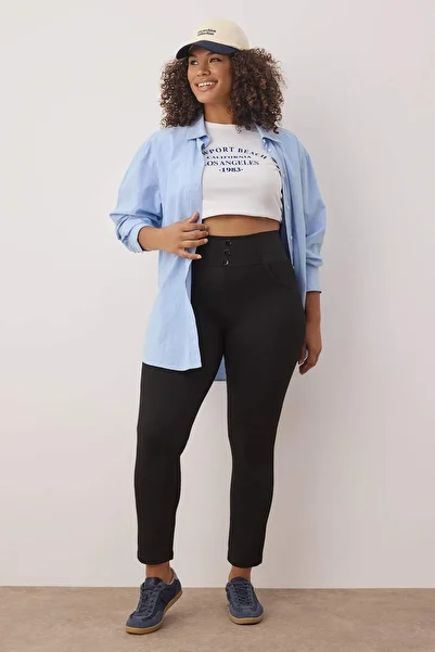 Trendyol Curve Pantaloni negri tricotați cu talie elastică, de mărime mare, TBBAW23AR00023