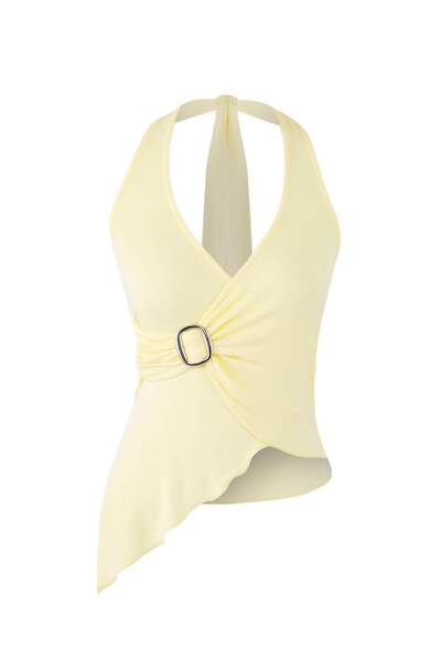 Trendyol Collection Light Yellow Solid Halter Neck Sleeveless Knitted Viscose Single Jersey Party Blouse Tprss25Bz00048
