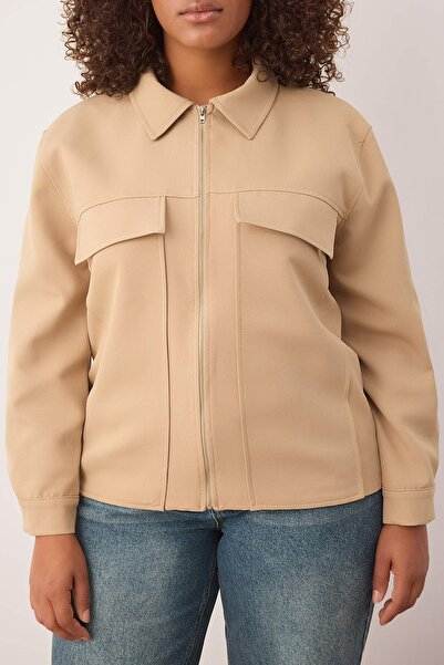 Trendyol Curve Визон капак с джобове и цип, голям размер, тъкан яке TBBAW26AG00014