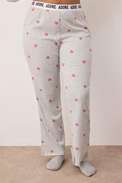 Trendyol Curve Gray Melange Heart Slogan Printed Elastic Knitted Pajamas Set Tbbaw26Ai00020