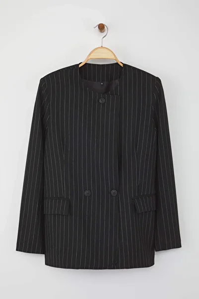 Trendyol Collection Black Striped Wrap Closure Blazer Jacket Twoaw26Bc00018