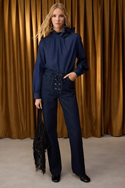 Trendyol Collection Special Collection Dark Blue Denim Blouse with Tie Detail at Neckline Twoaw26Bz00089