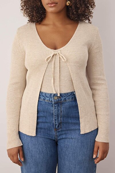 Trendyol Curve Bézs V-nyakú vékony kötöttáru kardigán és alsó szett - TBBAW23AV00047 nyakkendővel