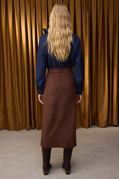 Trendyol Collection Special Collection Brown Suede Buttoned Zippered A-Line/A-Line Open Maxi Knitted Skirt Twoaw26Et00010