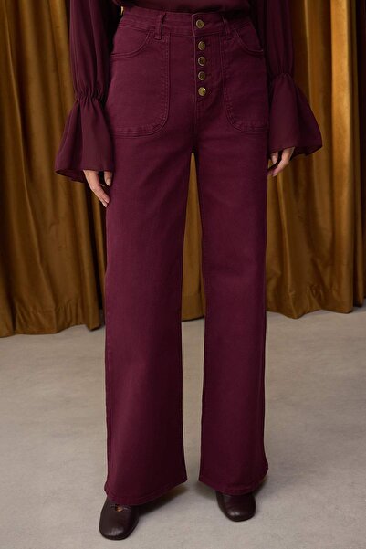 Trendyol Collection Speciální kolekce Burgundské džíny s vysokým pasem a širokými nohavicemi s detaily na knoflíky, pohodlné/elasticní TWOAW26JE00017