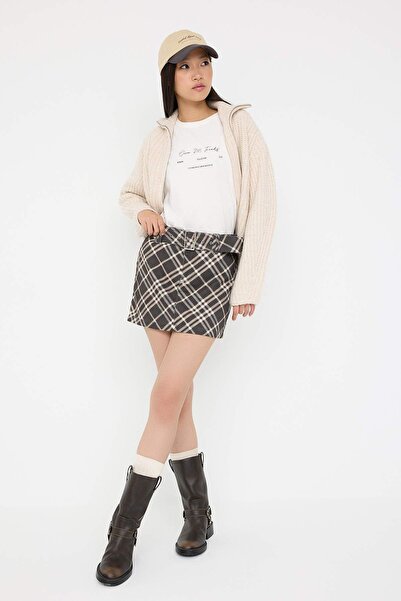 Trendyol Collection Підліткова різнокольорова спідниця з джинсової тканини з поясом у клітинку TWOAW26ET00051