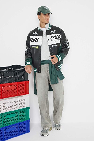 Trendyol Collection Teen Black Fitted Ανδρικό παλτό ποδηλάτη από 100% PU τεχνητό δέρμα TMNAW26MO00012