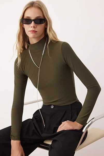 Trendyol Collection Khaki Fitted/Slim Fit Long Sleeve Stand Collar Ribbed Stretch Knitted Blouse Twoaw25Bz00078