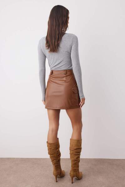 Trendyol Collection Brown Faux Leather Cargo Pocket High Waist Bodycon Mini Skirt Twoaw24Et00148