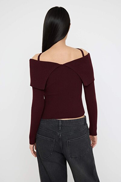 Trendyol Collection Burgundy Premium Yarn/Special Yarn Carmen Neck Strap Knitwear Sweater Twoaw26Kz00076