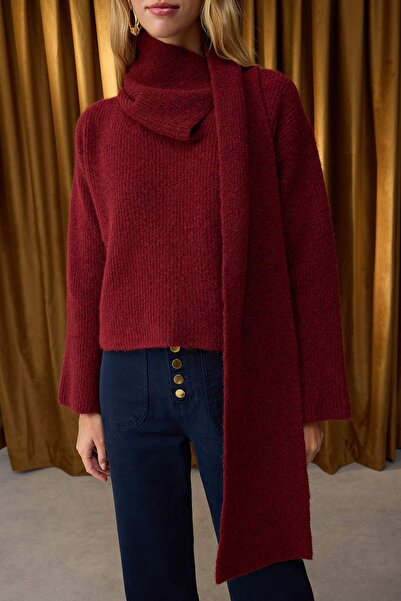 Trendyol Collection Colecție specială din lână burgundă, cu țesătură pentru barbă, cu detaliu de șal, pulover din tricot TWOAW26KZ00008