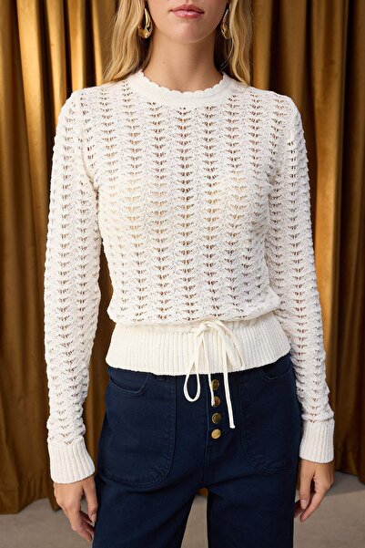 Trendyol Collection Special Collection Bone Cotton Blended Openwork Stand Collar Knitwear Sweater Twoaw26Kz00032