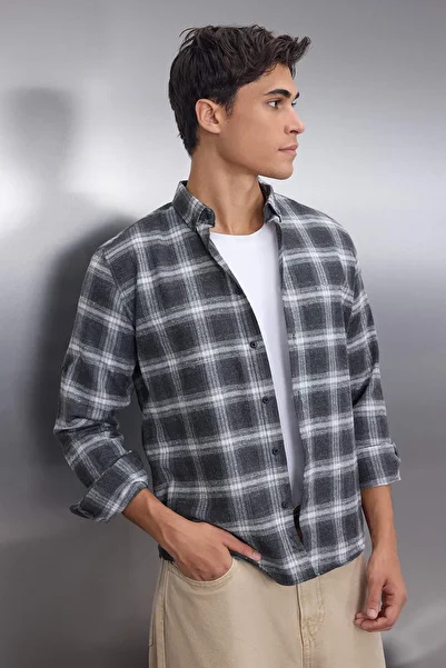 Trendyol Collection Winter Lumberjack Gray Slim Fit Epaulets Shirt - Button Collar, Checkered TMNAW22GO0357