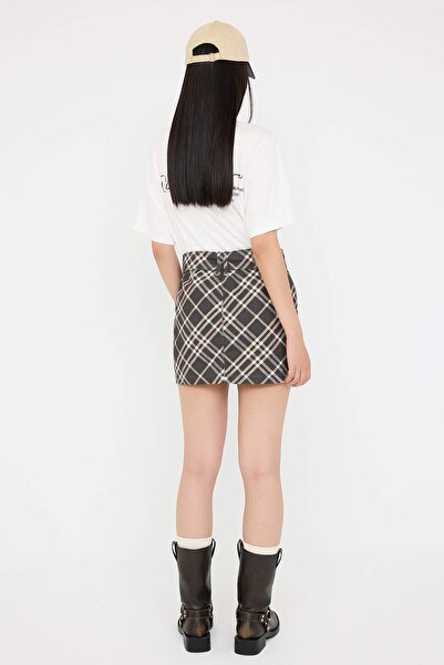 Trendyol Collection Teen Multicolor Plaid Pattern Belt Detail Denim Skirt Twoaw26Et00051