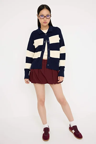 Trendyol Collection Teen Navy Blue Striped Polo Neck Sweater Cardigan Twoaw26Hi00202