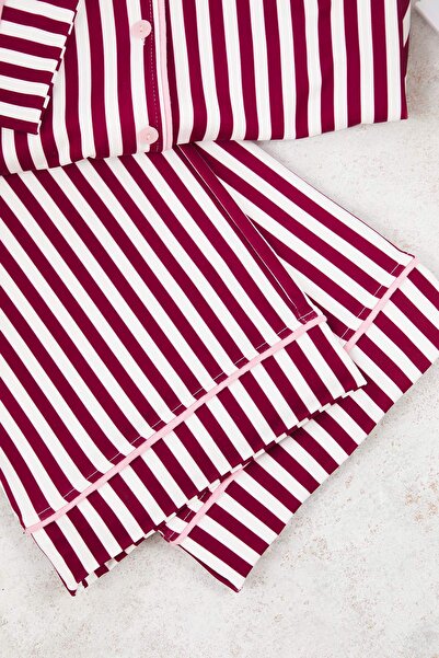 Trendyol Curve Burgundy Stripe Patterned Piping Inside Fleece Shirt-Pants Knitted Pajamas Set Tbbaw25Ai00028