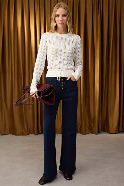 Trendyol Collection Bone Cotton Blended Openwork Stand Collar Knitwear Sweater Twoaw26Kz00032