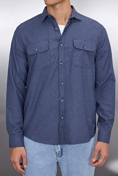 Trendyol Collection Indigo Regular Fit dupla zsebes füles texturált télikabát ing TMNAW22GO0350