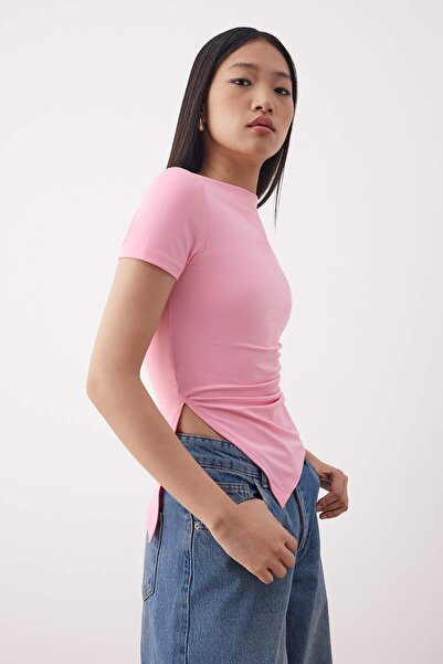 Trendyol Collection Pink Boat Neck Asymmetric Body Fitting Stretch Knitted Blouse Twoss25Bz00603