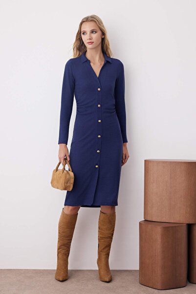 Trendyol Collection Navy Blue Polo Neck Bodycone/Fitted Straight Button Detail Midi Knitted Dress Twoaw26El00090