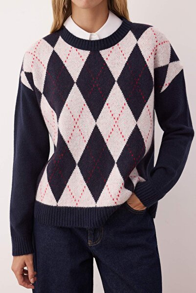 Trendyol Collection Navy Blue Wide Fit Diamond Patterned Knitwear Sweater Twoaw26Kz00030