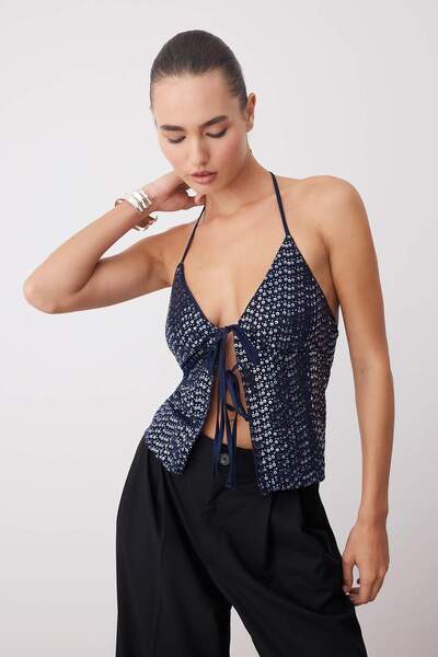 Trendyol Collection Navy Blue Glitter Lace-Up Detailed Party Blouse Tpraw26Bz00023