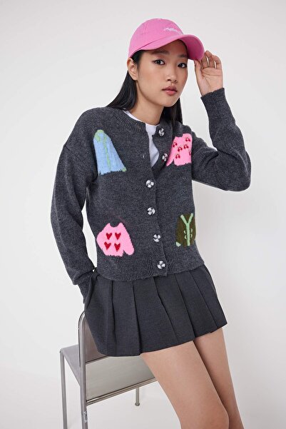 Trendyol Collection Teen Anthracite Soft Textured Knitwear Patterned Knitwear Cardigan Twoaw26Hi00250