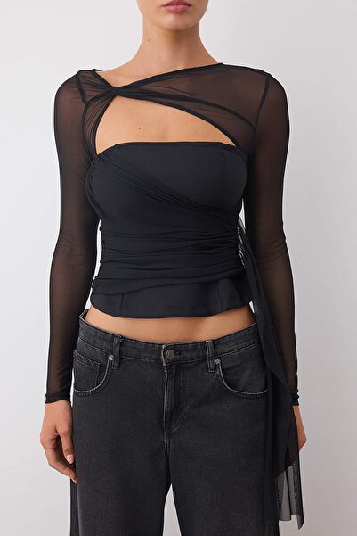 Trendyol Collection Black Tulle Garnished Draped Woven Bustier Tpraw26Bs00003
