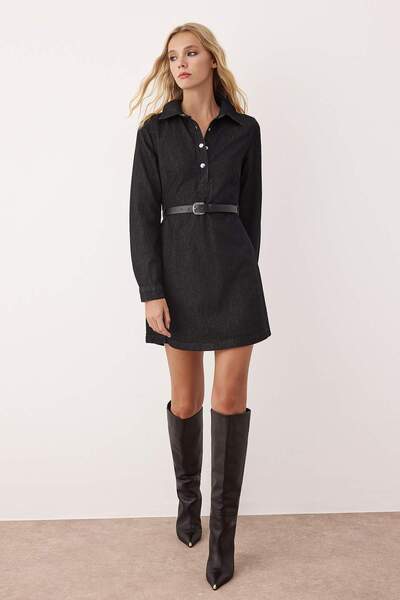 Trendyol Collection Black Shirt Collar Belted Long Sleeve Mini Denim Dress Twoaw26El00050