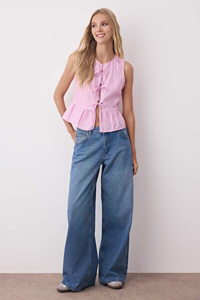 Trendyol Collection Pink Striped Front Tie Detail Sleeveless Woven Blouse Twoss24Bz00651