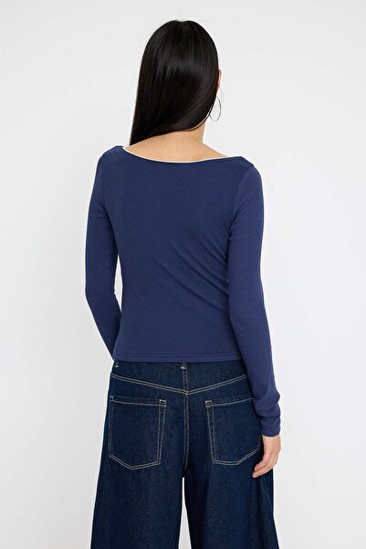 Trendyol Collection Teen Navy Blue Color Block Crochet Detail Slim/Fitted Knitted Blouse Twoaw26Bz00085