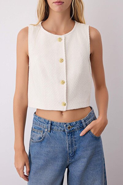 Trendyol Collection Tweed Vest with Stone Accessories Buttons Twoaw26Ye00019