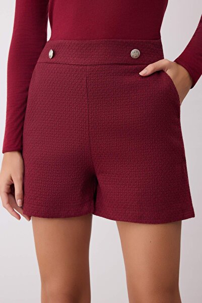Trendyol Collection Burgundy Tweed Button Detailed Shorts & Bermuda Twoaw26Sr00035