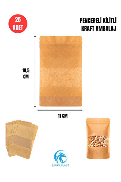 zankaplast Pencereli Kilitli Kraft Doypack 25 Adet - 11 CM X 18.5 CM