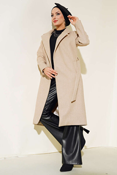 Prilika Жіночий екрю з підкладкою, з хутряними рукавами, оверсайз, довгий кашеміровий пальто