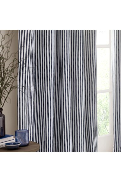 HOME ART ATELIER hand made Lacivert Çizgili Vintage Keten Perde Pilesiz (EN X...