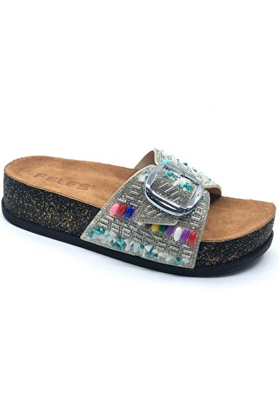 KCMN Feles Single Buckle Cork Sole Stone Detailed Women's Slippers Silver