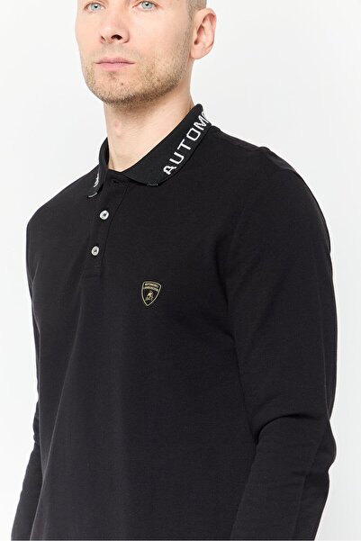 Lamborghini Men Regular Fit Brand Logo Long Sleeves Polo Shirt, Black