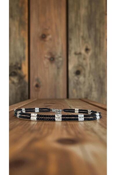 Bensei Takı Dükkanı Bensei̇ Silver Color Lacquer Finish Choker Necklace with Accessories and Black Miyuki Beads, Steel Chain