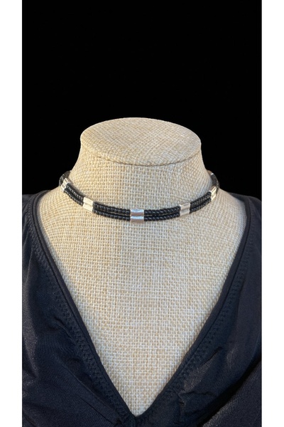 Bensei Takı Dükkanı Bensei̇ Silver Color Lacquer Finish Choker Necklace with Accessories and Black Miyuki Beads, Steel Chain