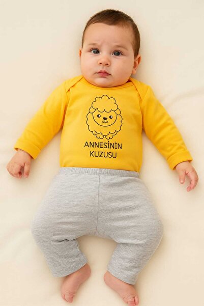 bebekpare طقم بدلة أطفال مكونة من قطعتين باللون الأصفر والرمادي - لحم الضأن ا...