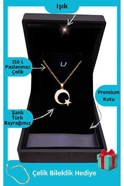 ganispe Işıklı Premium Kutuda | Ay - Yıldız Türk Bayrak Kolye | 316l Çelik