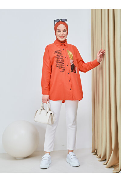SAHRA BUTİK Orange Embroidery and Stone Printed Tunic - Sahra Butik